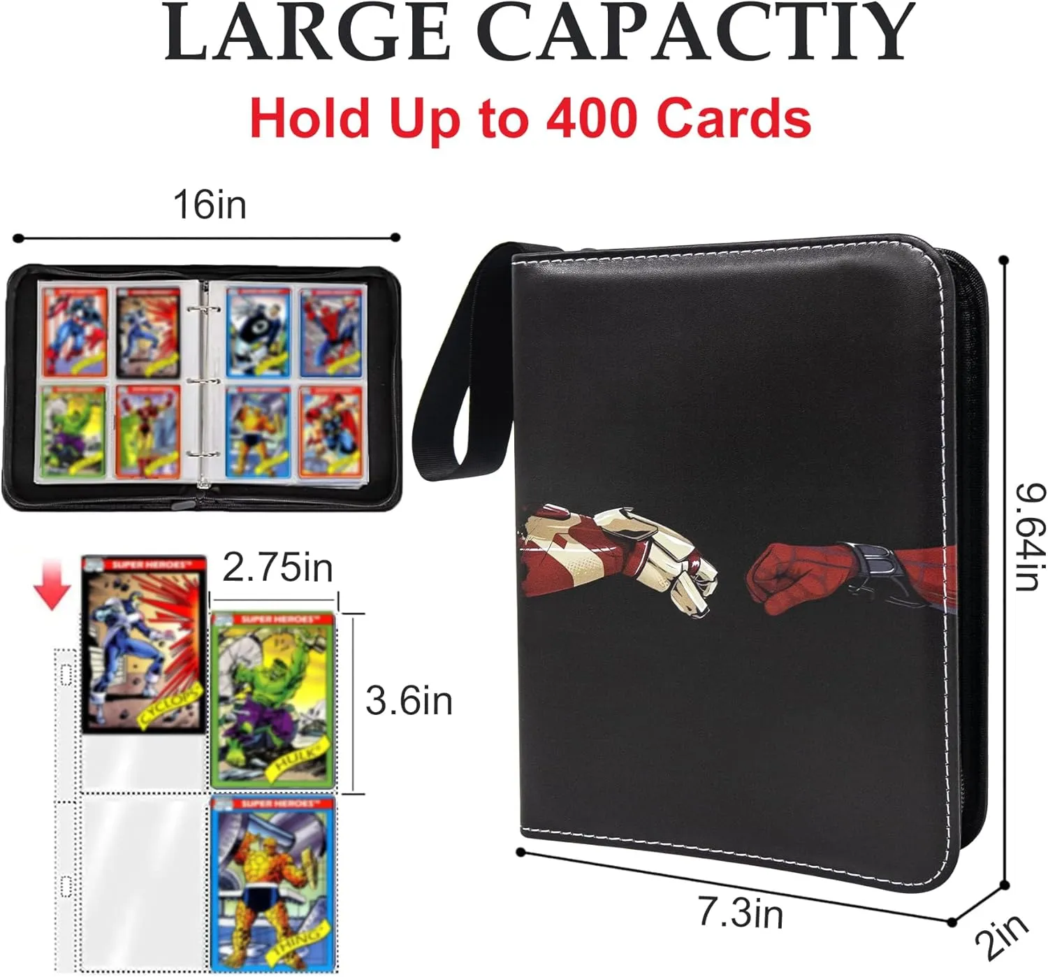 Card Binder for Cards,4 Pocket with 50 Sleeves up to 400 Cards,Waterproof Avengers Card Storage Bag for Boys,Games Cards Display Case