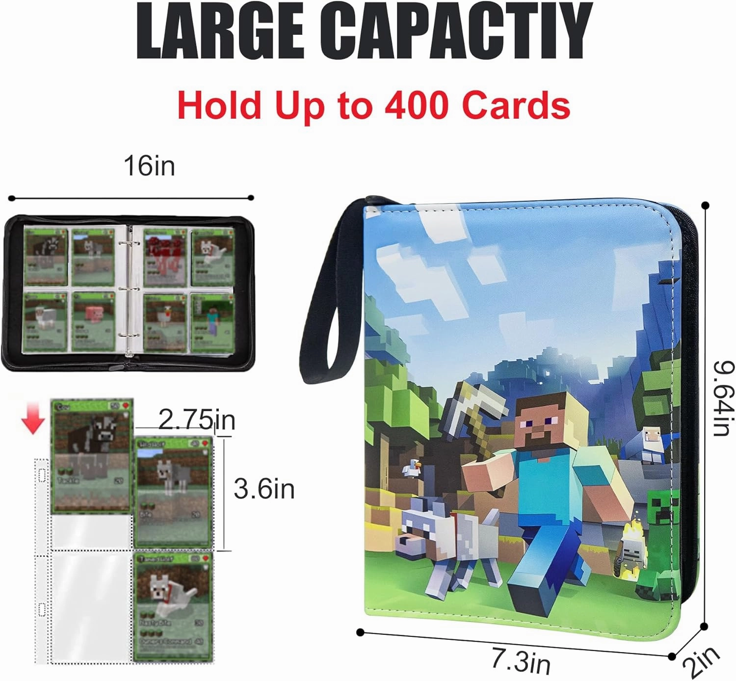 Card Binder with Shoulder Strap, 4 Pocket with 50 Sleeves up to 400 Cards, Waterproof Card Storage Bag for Kids, Minecraft Game Cards Display Case