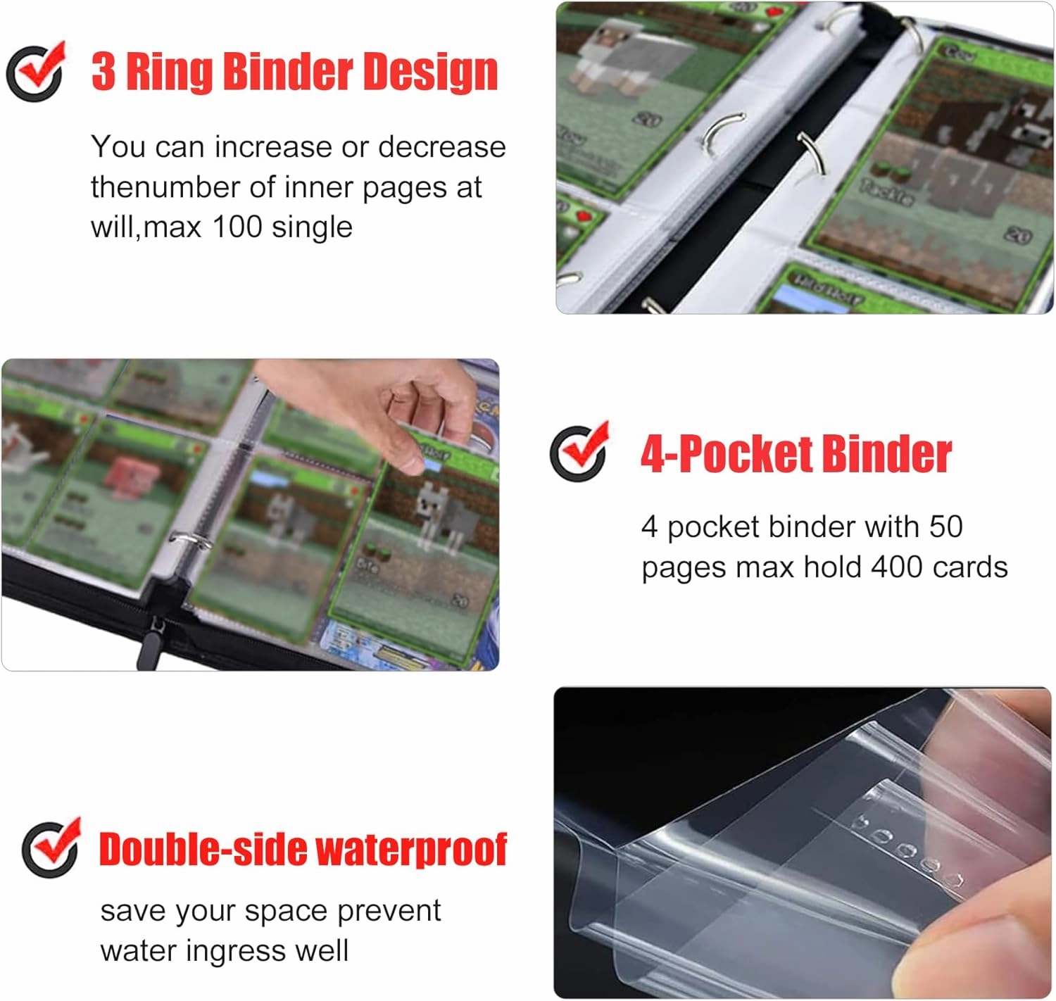 Card Binder with Shoulder Strap, 4 Pocket with 50 Sleeves up to 400 Cards, Waterproof Card Storage Bag for Kids, Minecraft Game Cards Display Case