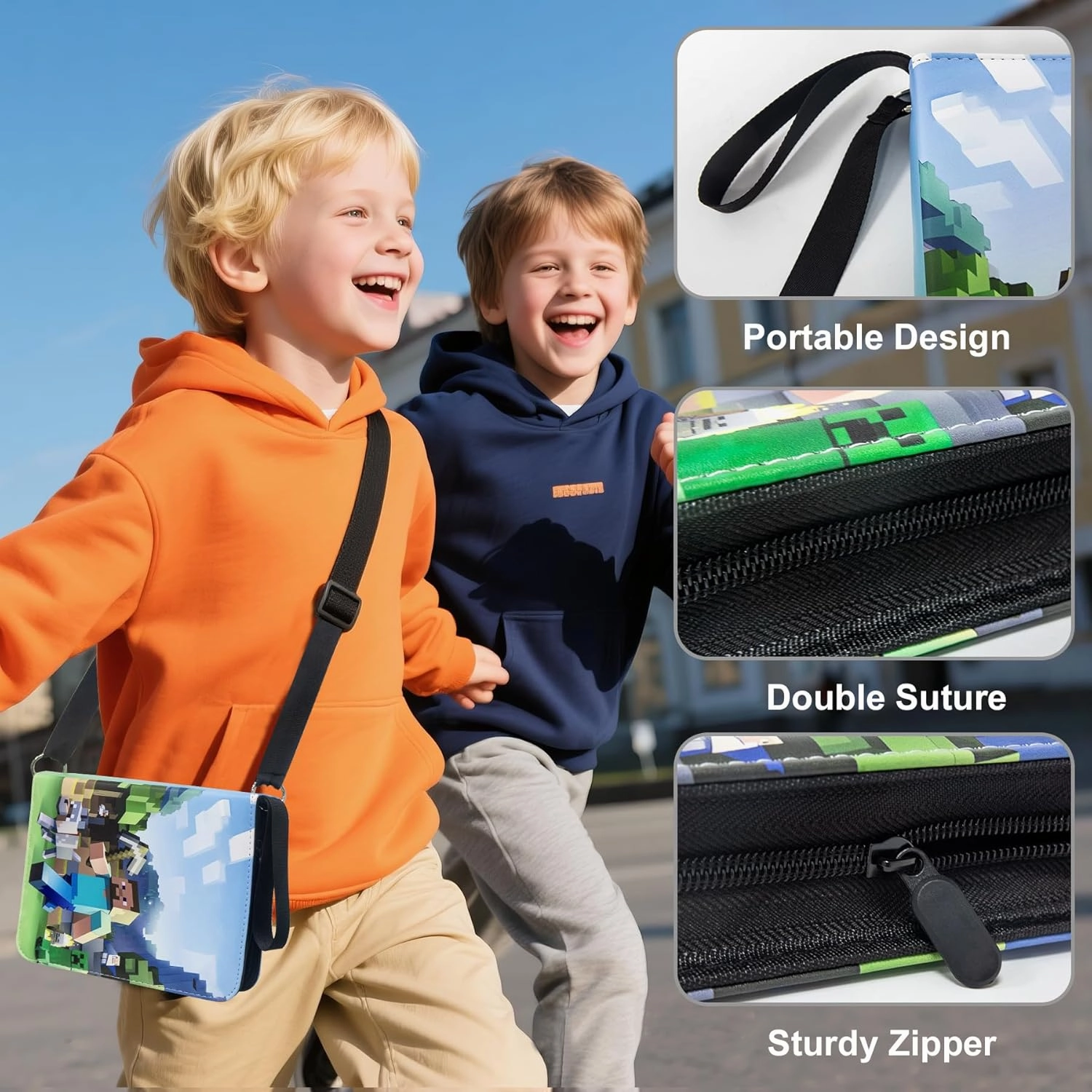 Card Binder with Shoulder Strap, 4 Pocket with 50 Sleeves up to 400 Cards, Waterproof Card Storage Bag for Kids, Minecraft Game Cards Display Case