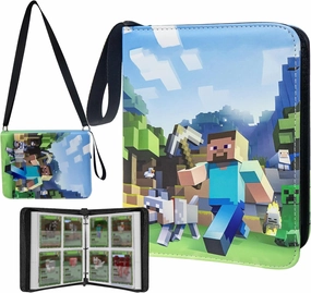Card Binder with Shoulder Strap, 4 Pocket with 50 Sleeves up to 400 Cards, Waterproof Card Storage Bag for Kids, Minecraft Game Cards Display Case