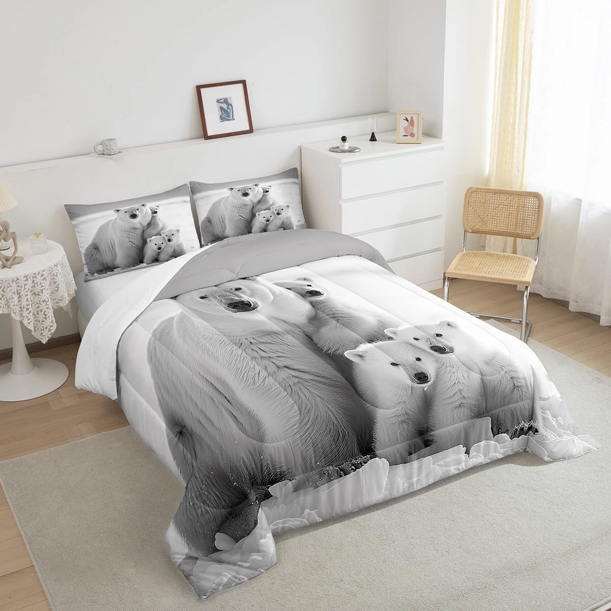 Castle Fairy Polar Bear Family Full Size Comforter Set,White and Gray Bedding Set for Adults Teens,Children Polar Bear Comforter Luxury Arctic Scenery Quilt Set Room Decor 3Pcs