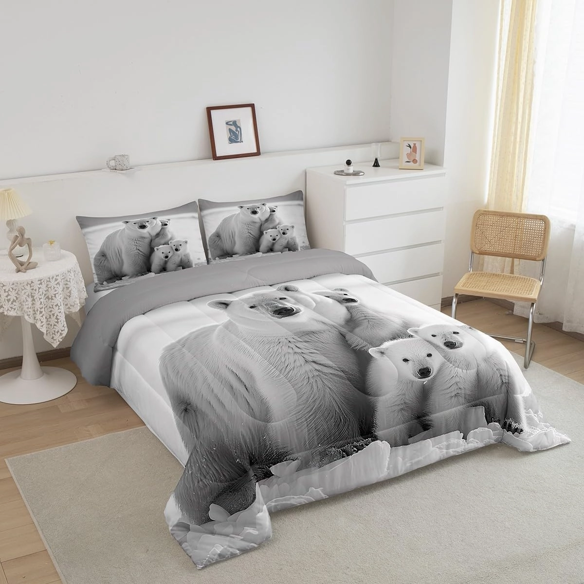 Castle Fairy Polar Bear Family Full Size Comforter Set,White and Gray Bedding Set for Adults Teens,Children Polar Bear Comforter Luxury Arctic Scenery Quilt Set Room Decor 3Pcs