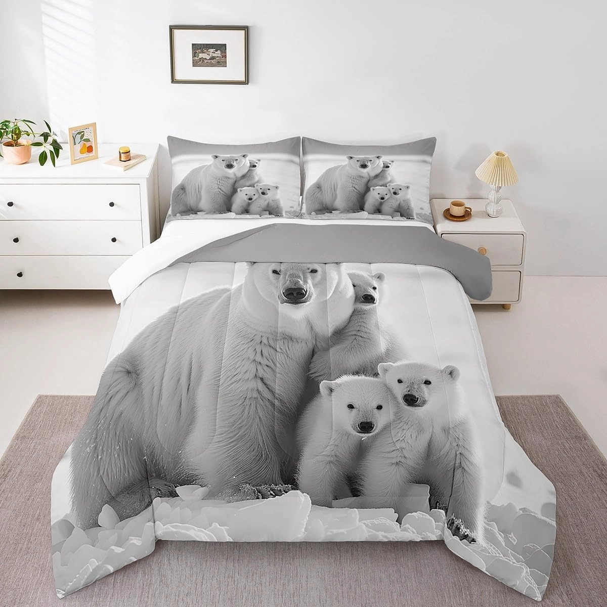 Castle Fairy Polar Bear Family Full Size Comforter Set,White and Gray Bedding Set for Adults Teens,Children Polar Bear Comforter Luxury Arctic Scenery Quilt Set Room Decor 3Pcs