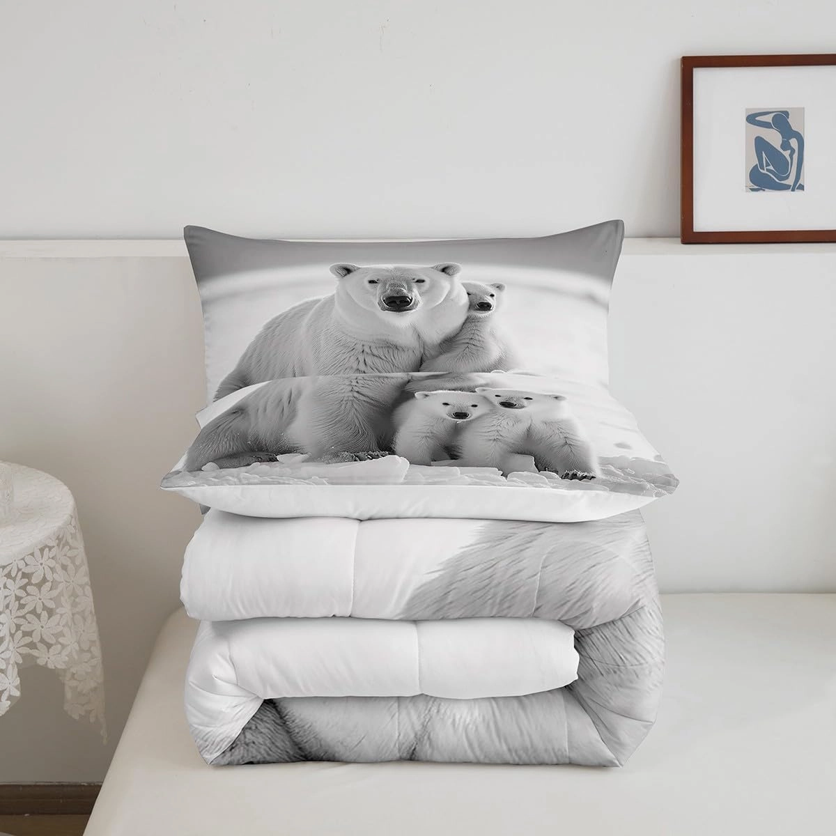 Castle Fairy Polar Bear Family Full Size Comforter Set,White and Gray Bedding Set for Adults Teens,Children Polar Bear Comforter Luxury Arctic Scenery Quilt Set Room Decor 3Pcs