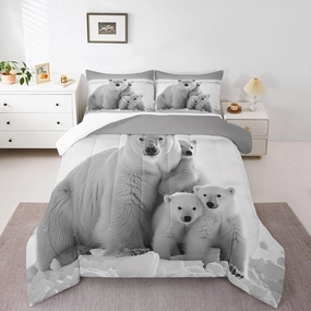 Castle Fairy Polar Bear Family Full Size Comforter Set,White and Gray Bedding Set for Adults Teens,Children Polar Bear Comforter Luxury Arctic Scenery Quilt Set Room Decor 3Pcs