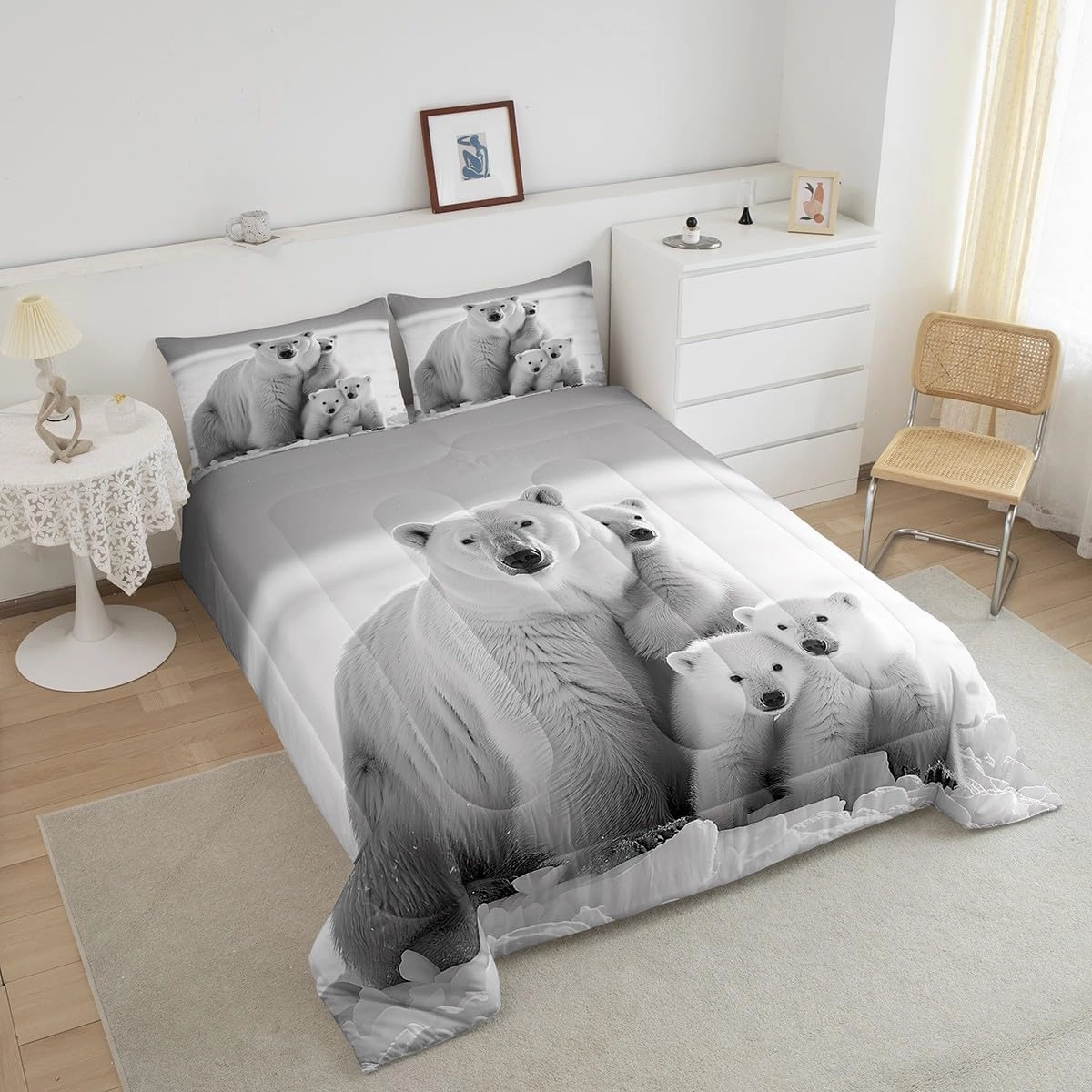 Castle Fairy Polar Bear Family Full Size Comforter Set,White and Gray Bedding Set for Adults Teens,Children Polar Bear Comforter Luxury Arctic Scenery Quilt Set Room Decor 3Pcs