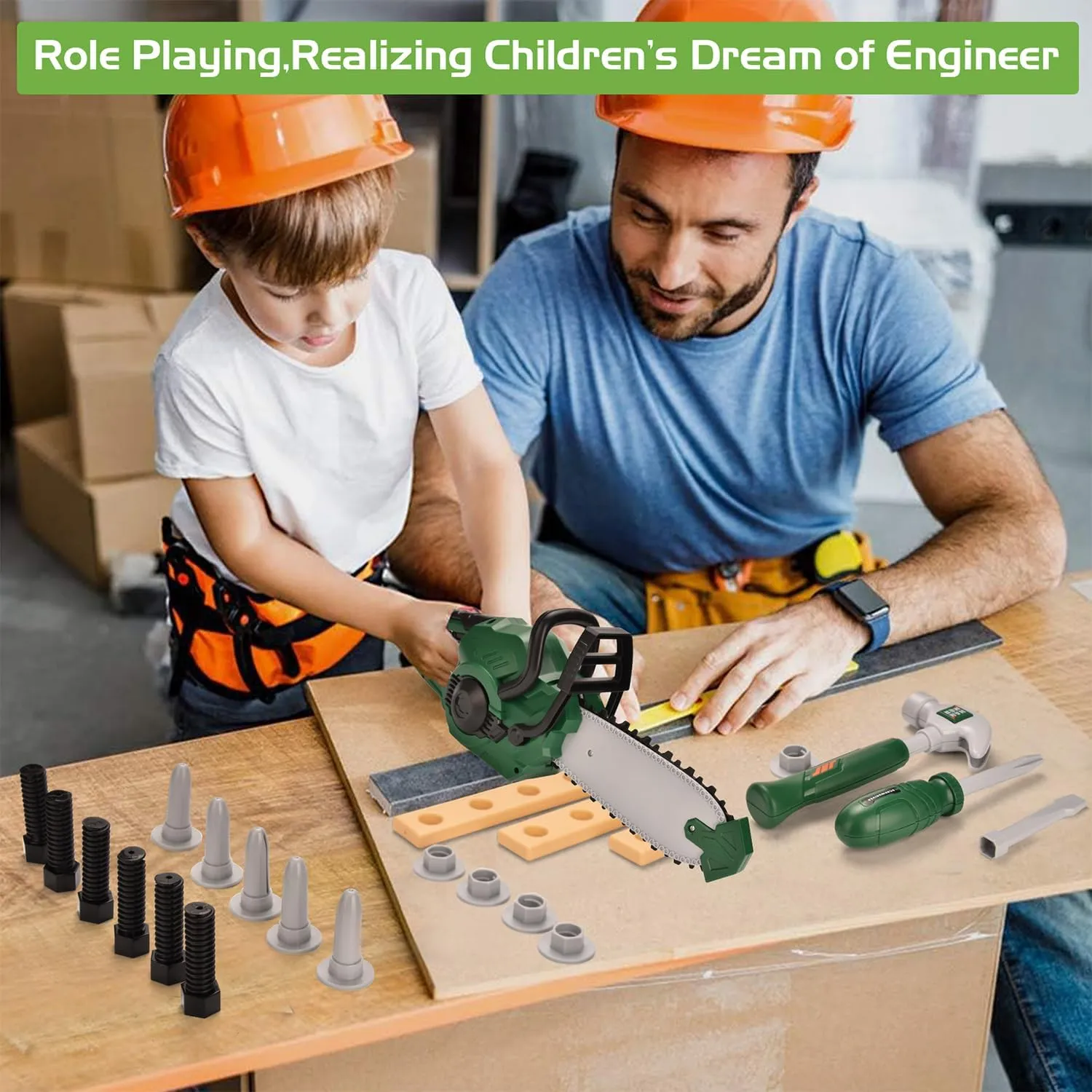 Chainsaw for Kids, Tool Set Electric Toys, Construction Pretend Play, Chainsaw with Realistic Sounds & Light, 29 PCS Educational Tool Kit for Toddler, Toy for Kids
