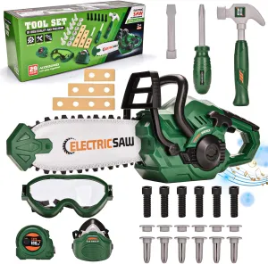 Chainsaw for Kids, Tool Set Electric Toys, Construction Pretend Play, Chainsaw with Realistic Sounds & Light, 29 PCS Educational Tool Kit for Toddler, Toy for Kids