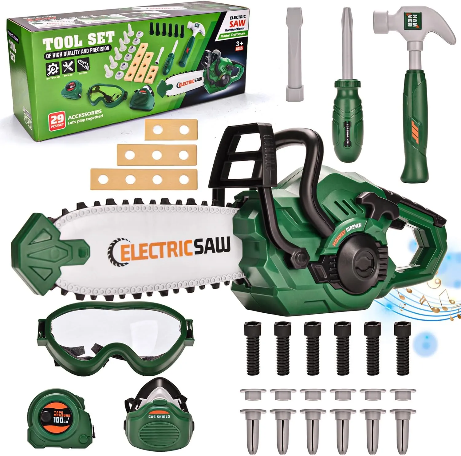 Chainsaw for Kids, Tool Set Electric Toys, Construction Pretend Play, Chainsaw with Realistic Sounds & Light, 29 PCS Educational Tool Kit for Toddler, Toy for Kids