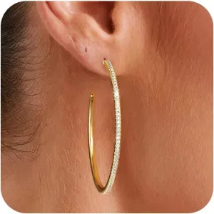 CHESKY Large Rhinestone Post Open Hoop Earrings - 14k Gold Thin Cubic Zirconia Round Hoops 15/20/25/40/50mm Hypoallergenic Sparkly Earrings for Women Trendy Jewelry Gifts