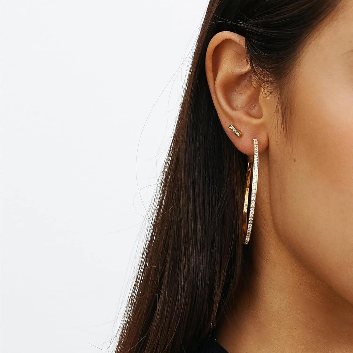 CHESKY Large Rhinestone Post Open Hoop Earrings - 14k Gold Thin Cubic Zirconia Round Hoops 15/20/25/40/50mm Hypoallergenic Sparkly Earrings for Women Trendy Jewelry Gifts