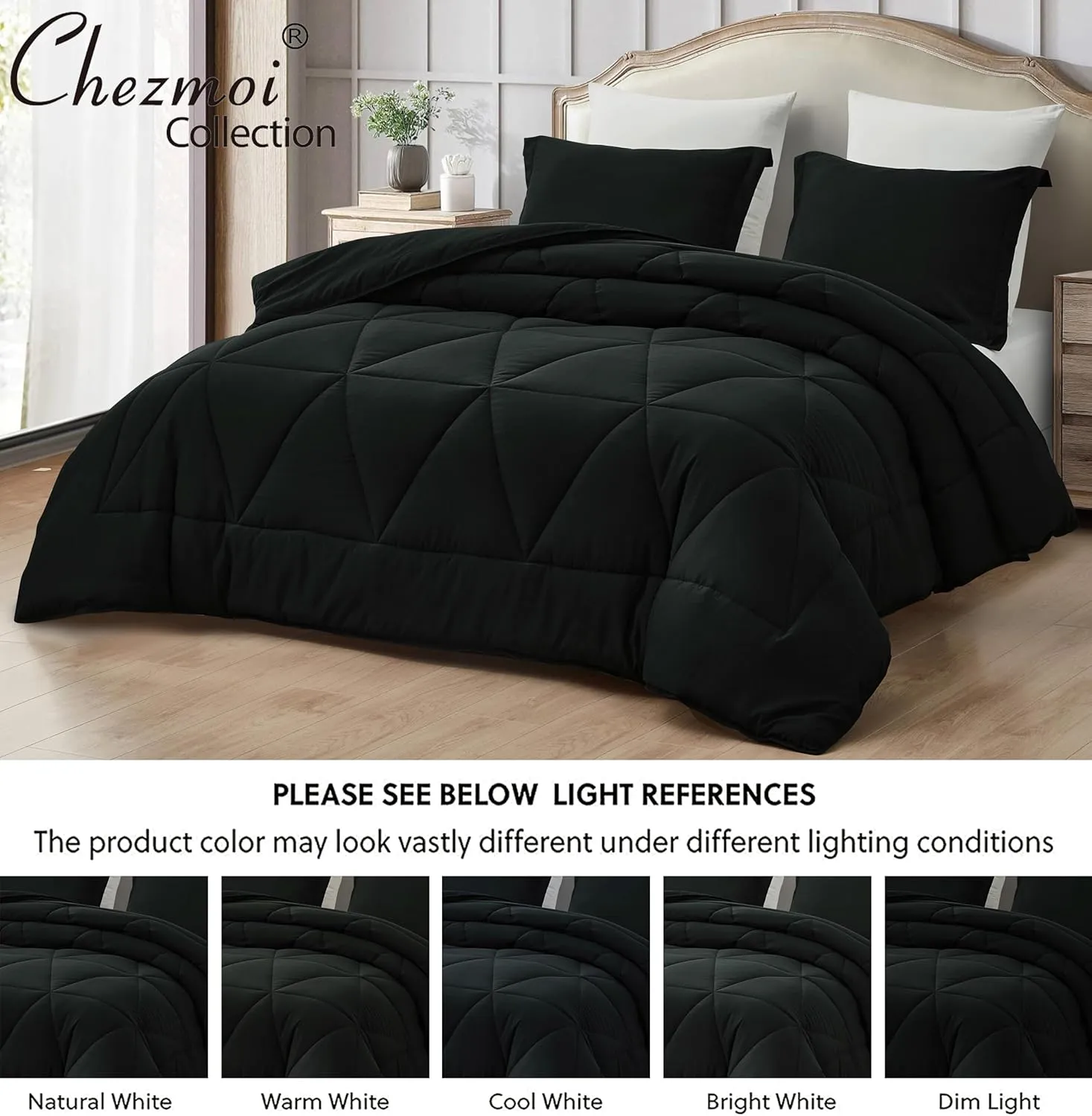 Chezmoi Collection Rory Black Comforter Set Oversized Queen Size 3-Piece Fluffy Soft Lightweight Bedding Triangle Quilted Stone-Washed Microfiber Comforter Set for All Season