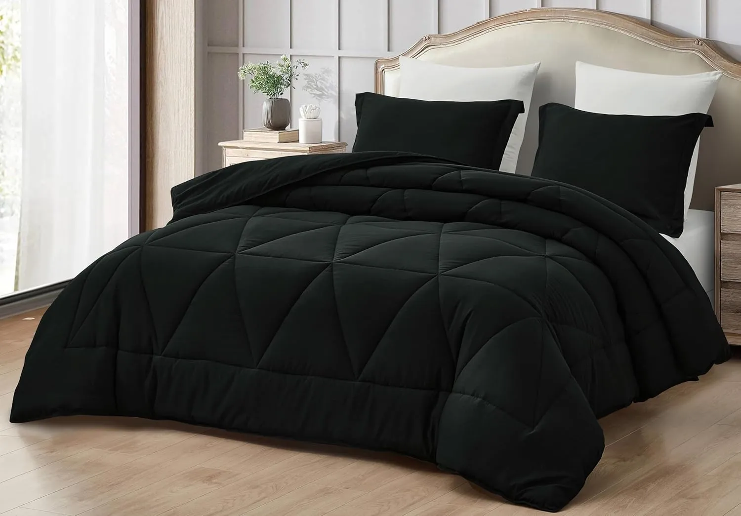 Chezmoi Collection Rory Black Comforter Set Oversized Queen Size 3-Piece Fluffy Soft Lightweight Bedding Triangle Quilted Stone-Washed Microfiber Comforter Set for All Season