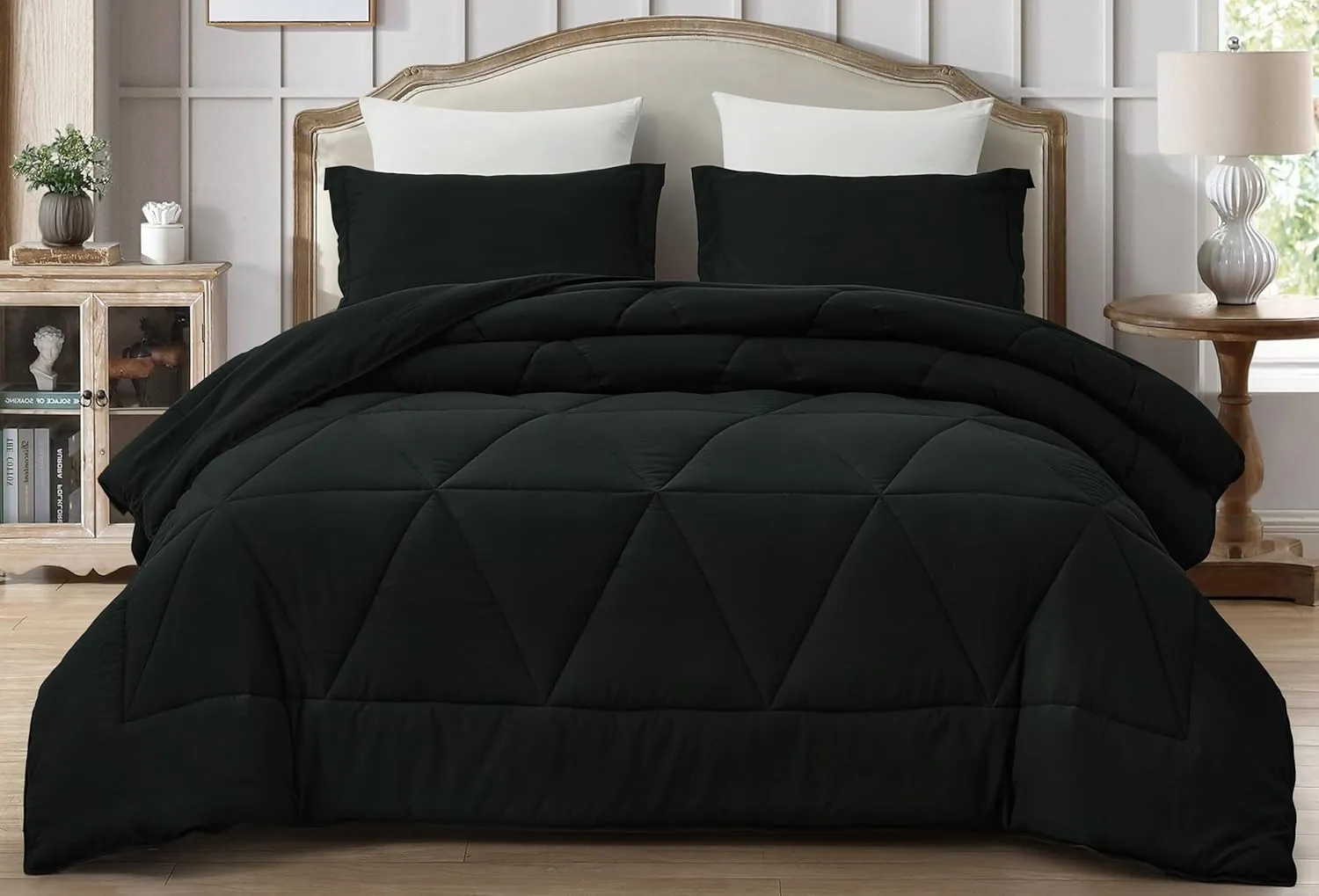 Chezmoi Collection Rory Black Comforter Set Oversized Queen Size 3-Piece Fluffy Soft Lightweight Bedding Triangle Quilted Stone-Washed Microfiber Comforter Set for All Season
