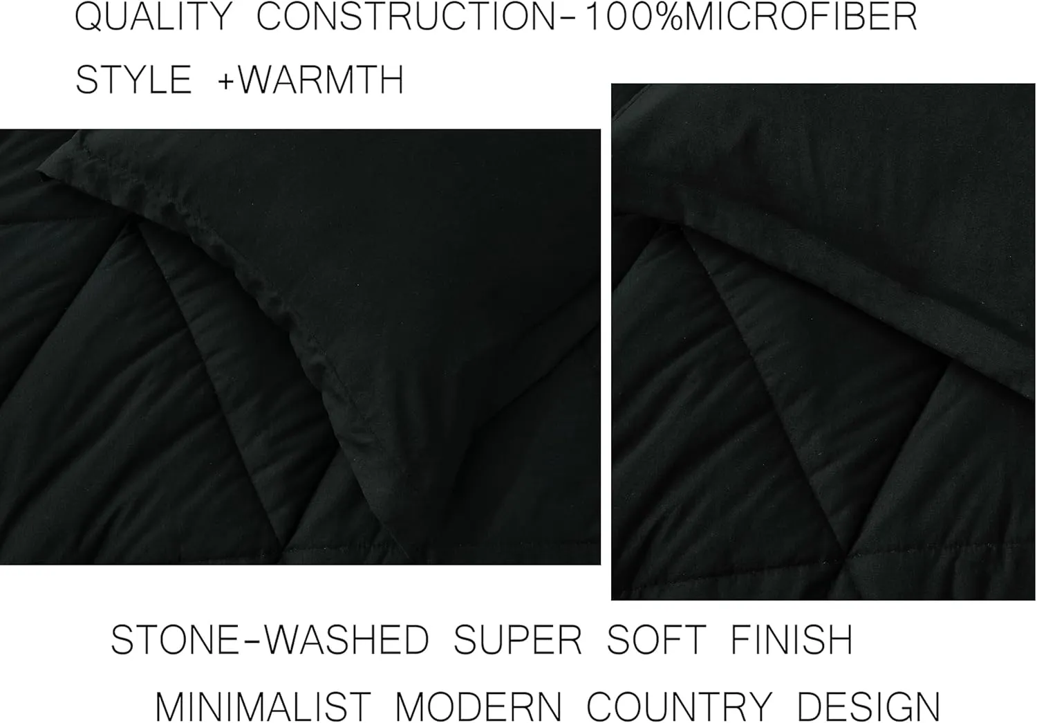 Chezmoi Collection Rory Black Comforter Set Oversized Queen Size 3-Piece Fluffy Soft Lightweight Bedding Triangle Quilted Stone-Washed Microfiber Comforter Set for All Season