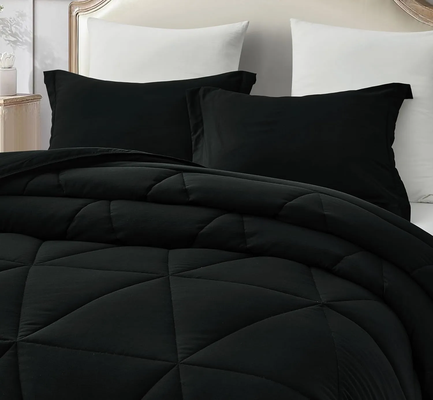 Chezmoi Collection Rory Black Comforter Set Oversized Queen Size 3-Piece Fluffy Soft Lightweight Bedding Triangle Quilted Stone-Washed Microfiber Comforter Set for All Season