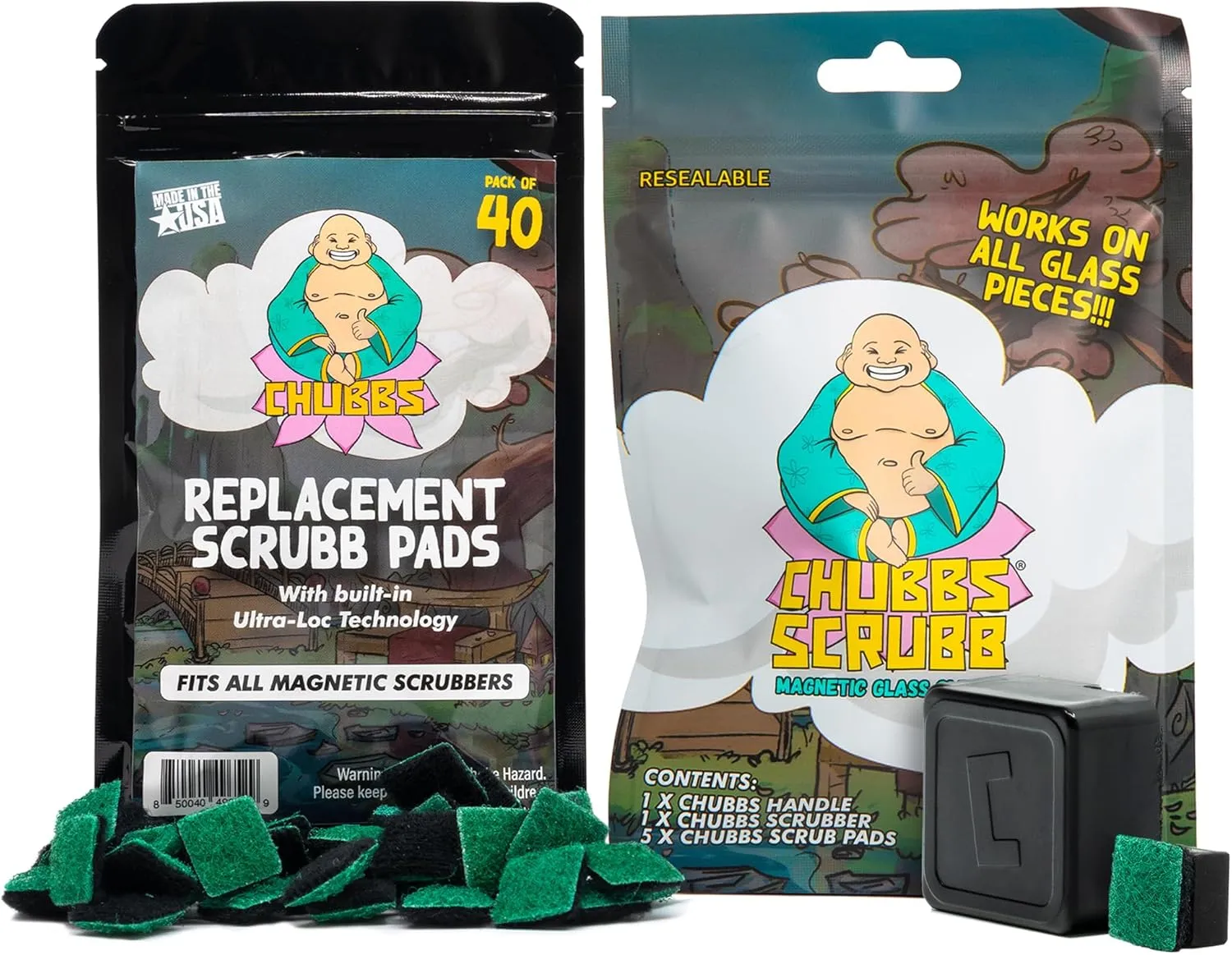 Chubbs Scrubb Magnetic Glass Cleaner with 40-Pack Replacement Scrubb Pads Bundle - Mini Magnetic Scrubber Kit That Removes Tough, Built-Up Stains From Glass, Ceramic & Metal