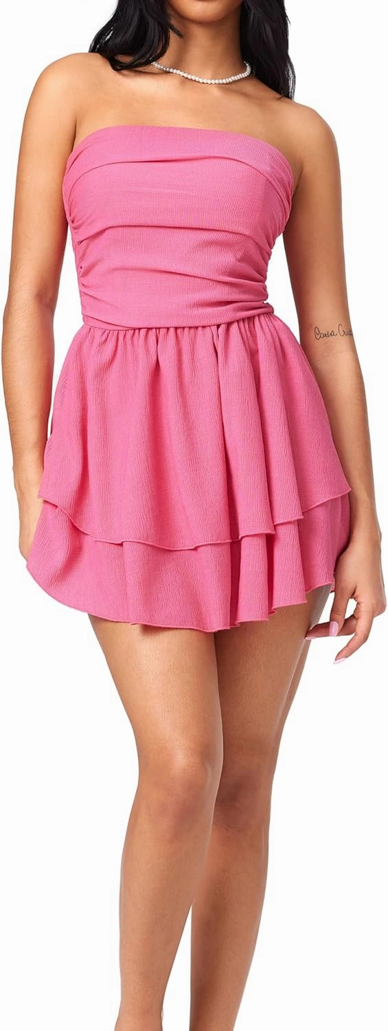 CIDER Women's Summer Cocktail Dress - Tube Ruched Ruffle Mini Dress