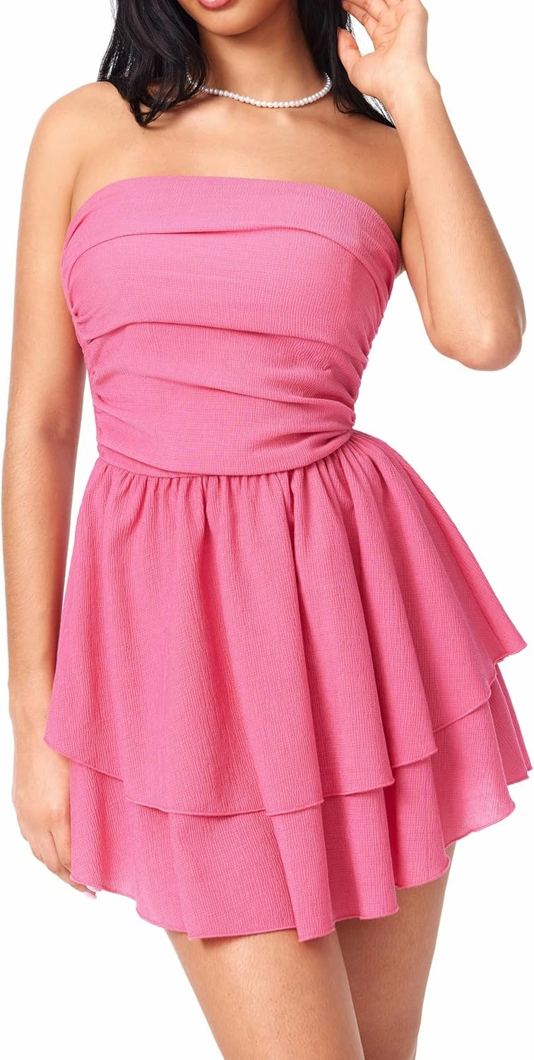 CIDER Women's Summer Cocktail Dress - Tube Ruched Ruffle Mini Dress