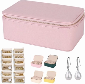 Circulate Travel Jewelry Box, Portable Pu Leather Jewelry Organizer Box with 12 Small Velvet Packing Bags, Storage for Rings, Earrings, Necklaces (Pink)