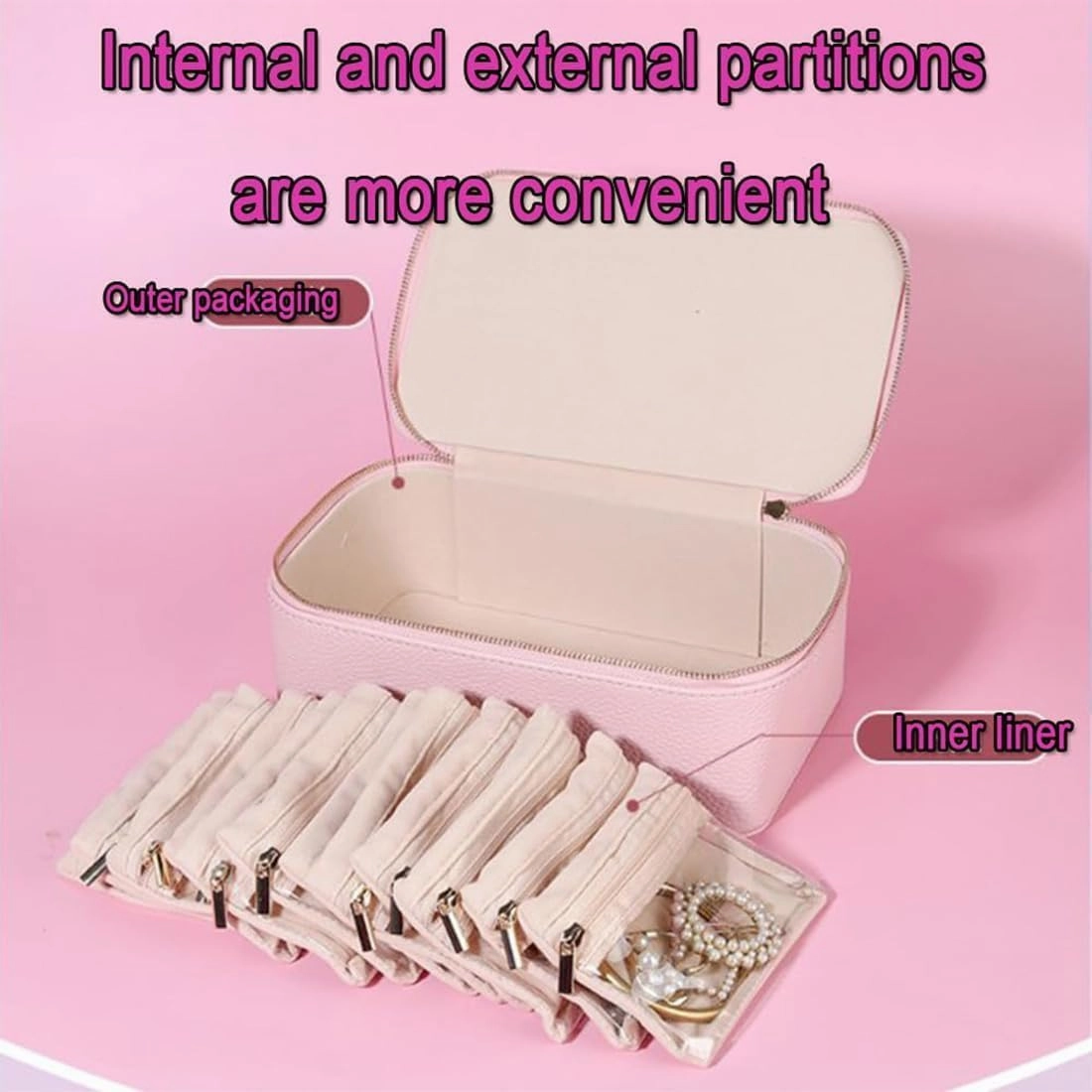 Circulate Travel Jewelry Box, Portable Pu Leather Jewelry Organizer Box with 12 Small Velvet Packing Bags, Storage for Rings, Earrings, Necklaces (Pink)