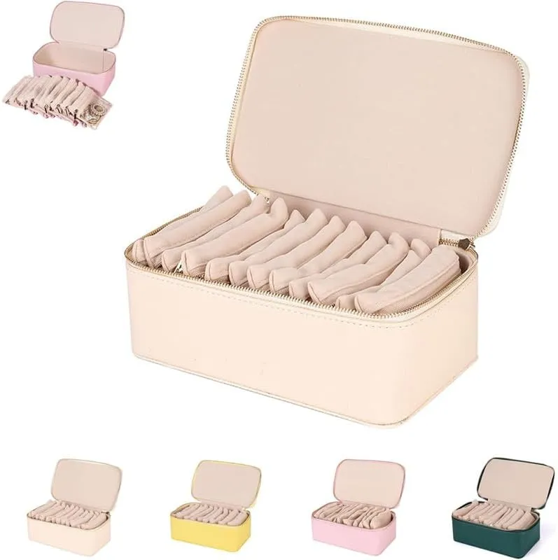 Circulatne Travel Jewelry Box with 12 Velvet Zipped Bags,Portable PU Leather Jewelry Organizer Box, Storage for Rings, Earrings, Necklaces (Beige)