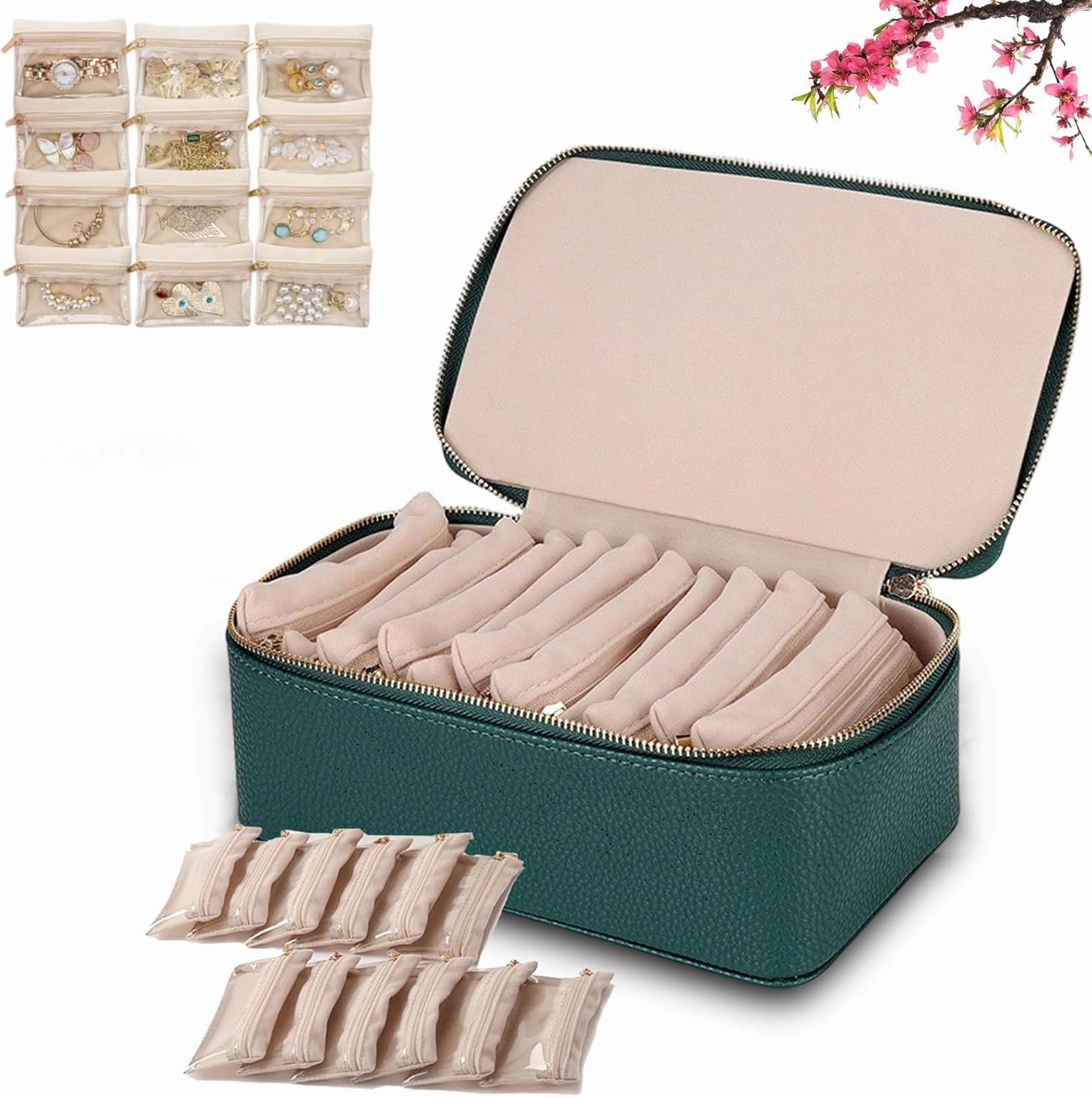 Circulatne Travel Jewelry Box Organizer with 12 Velvet Pouches, Portable PU Leather Jewelry Organizer Box, Storage for Rings, Earrings, Necklaces (Green)