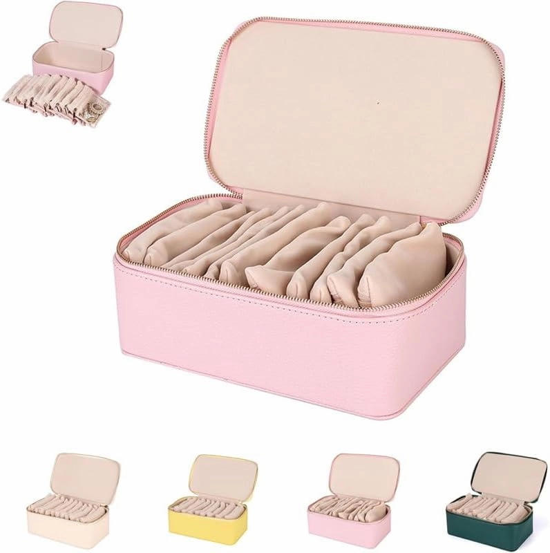 Circulatne Travel Jewelry Box with 12 Velvet Zipped Bags,Portable PU Leather Jewelry Organizer Box, Storage for Rings, Earrings, Necklaces(Pink)