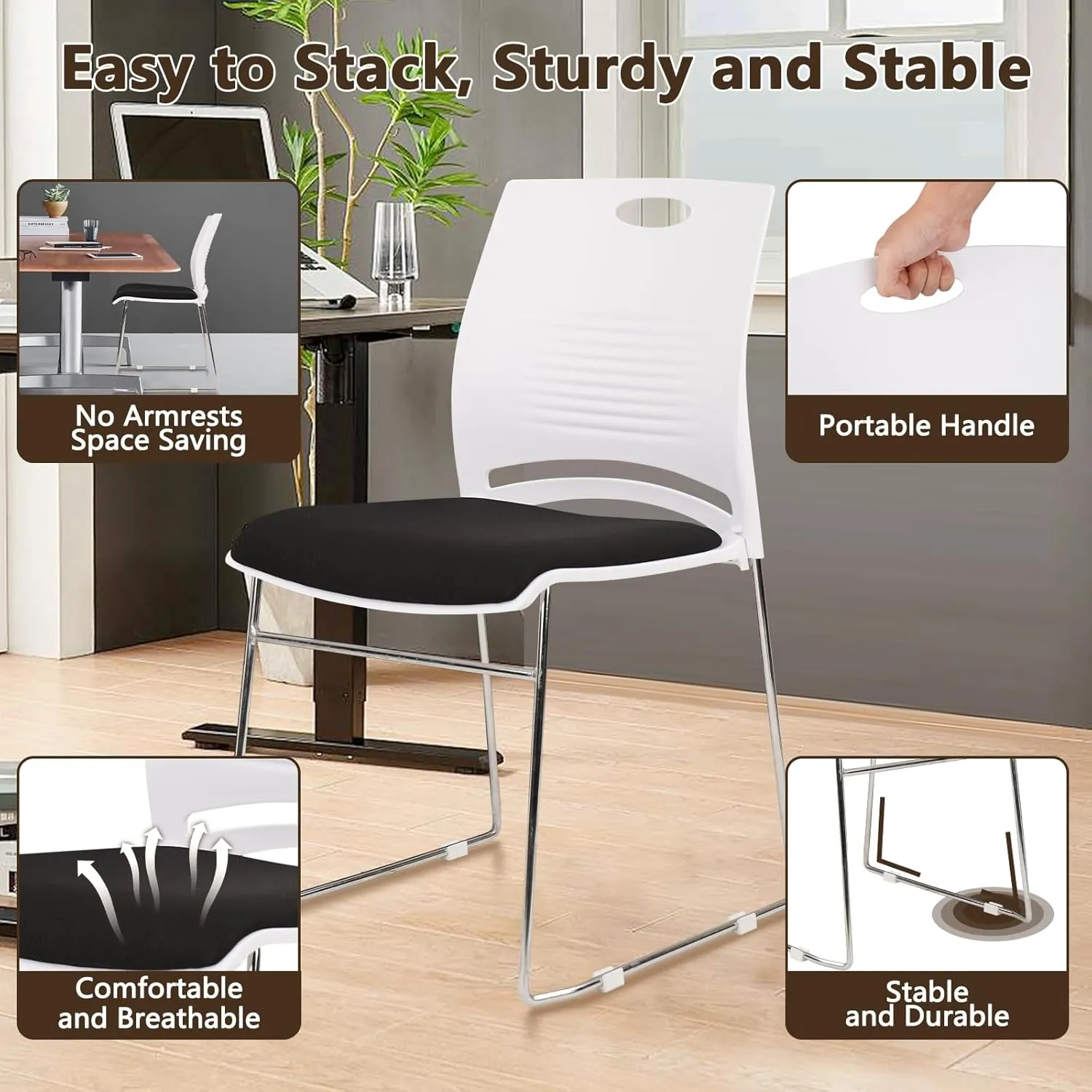 CLATINA Stacking Home Office Guest Chair with Metal Sled Base, Plastic Lobby Waiting Training Desk Chair for Office, Reception, Conference, School, Kitchen, Banquet, White, 12 Pack