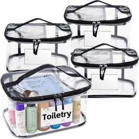Clear Toiletry Bag, Cosmetic Bags 4 Pack with Name Tag & Zipper Carry on Airline Airport Travel Accessories, Reusable Waterproof PVC Makeup Bags for Travel, Clear Bags for Women and Men-Black