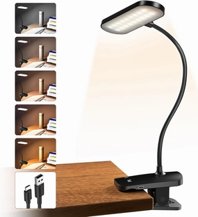Clip on Desk Lamp, Battery Powered Reading Light with Strong Clamp - 5 Colors 5 Brightness, USB Rechargeable Portable Cordless Book Lamp for Bed Headboard Table Bedside Home Office (Black)