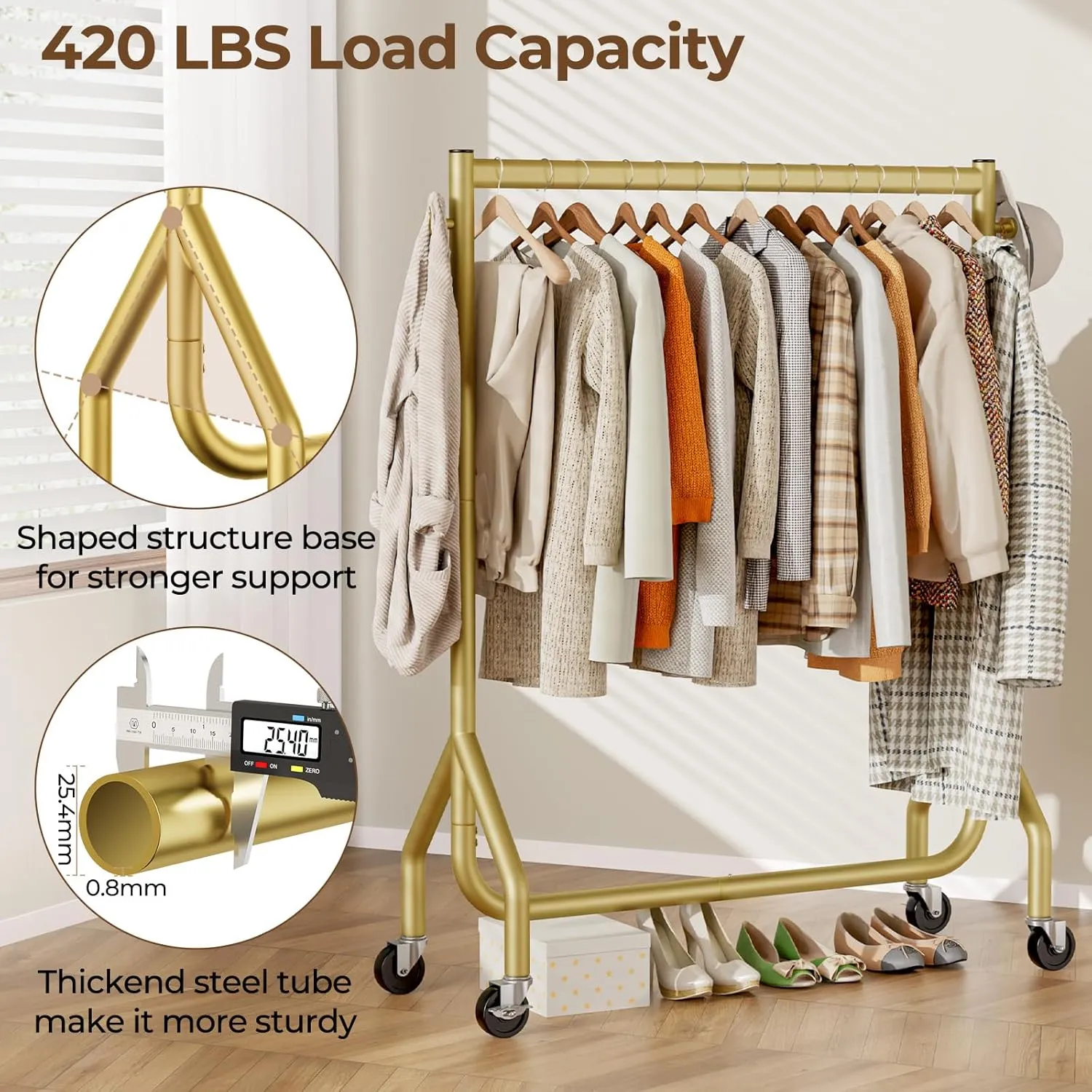 Clothes Clothing Rack, Rolling Heavy Duty Clothes Rack Load 420 LBS With Wheels, Metal Clothes Rack for Hanging Clothes, Portable Standing Clothes Garment Rack,Gold,48 inches