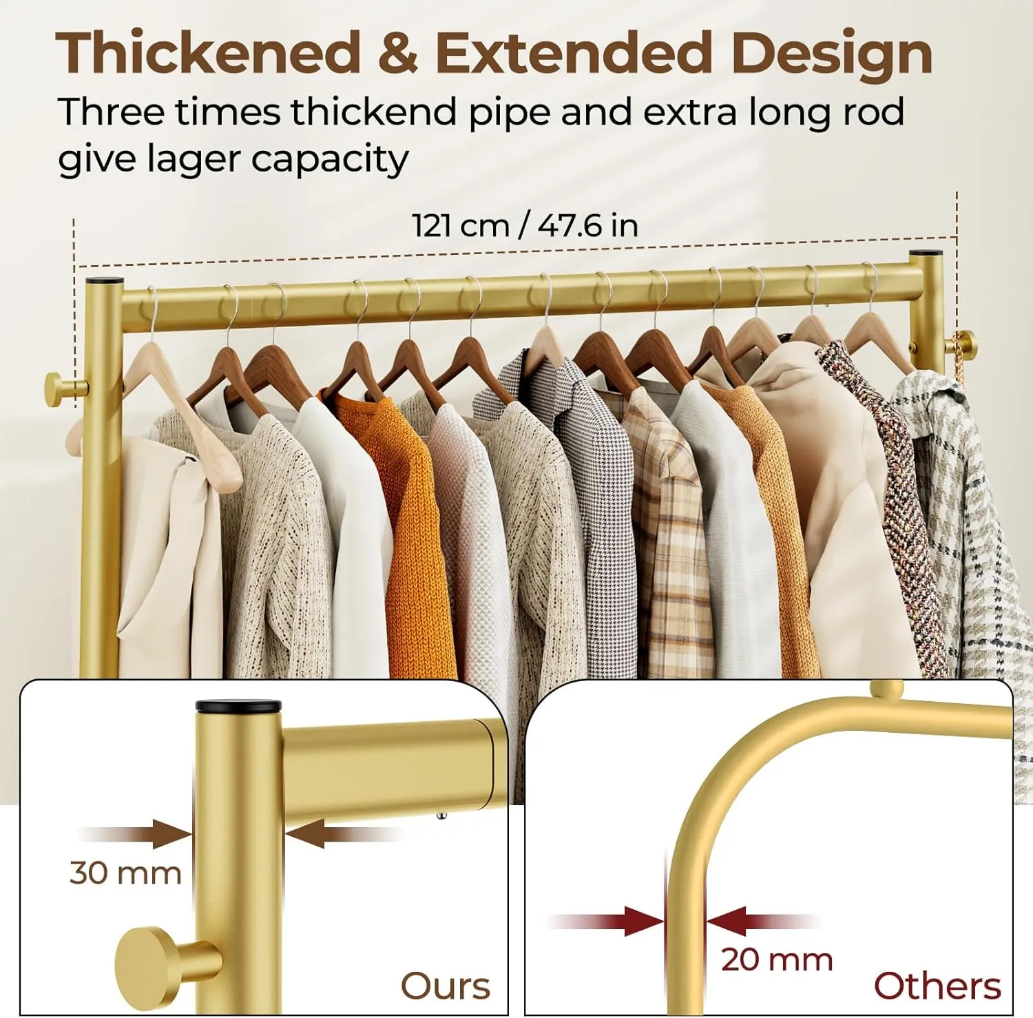 Clothes Clothing Rack, Rolling Heavy Duty Clothes Rack Load 420 LBS With Wheels, Metal Clothes Rack for Hanging Clothes, Portable Standing Clothes Garment Rack,Gold,48 inches