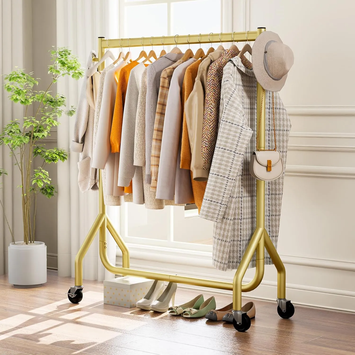 Clothes Clothing Rack, Rolling Heavy Duty Clothes Rack Load 420 LBS With Wheels, Metal Clothes Rack for Hanging Clothes, Portable Standing Clothes Garment Rack,Gold,48 inches