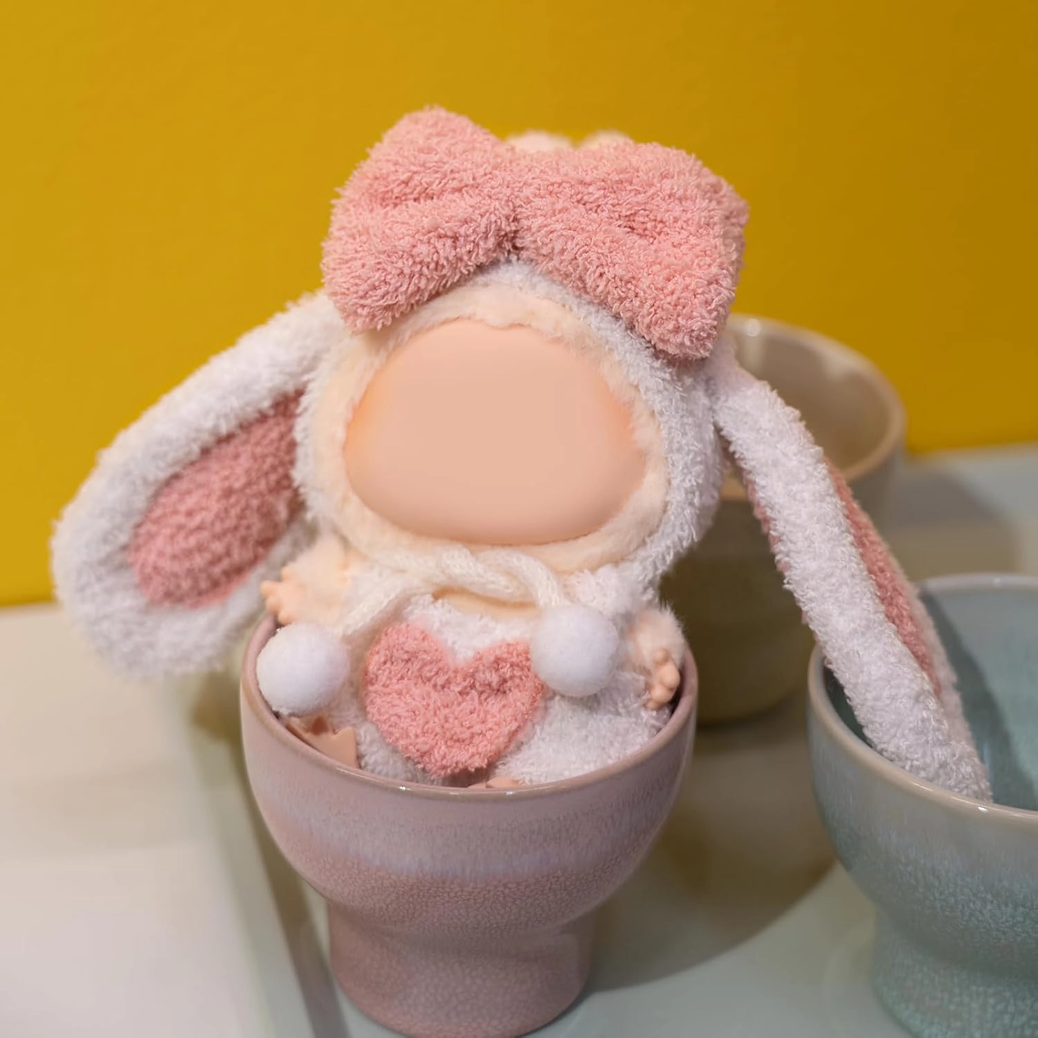 Clothes for Labubu Dolls – Fluffy Bunny Outfit for 17cm La bubu Dolls, Plush Pink Heart Overalls & Long-Eared Hood with Big Bow & Pom-Pom Drawstrings – Doll Not Included