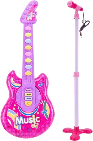 Coherny Microphone Guitar Musical Set for Kids Guitar Toy with Microphone Electric Guitar with Music Lights and Sounds Multiple Modes for Boys and Girls Gift Kits 19Inch (Pink)