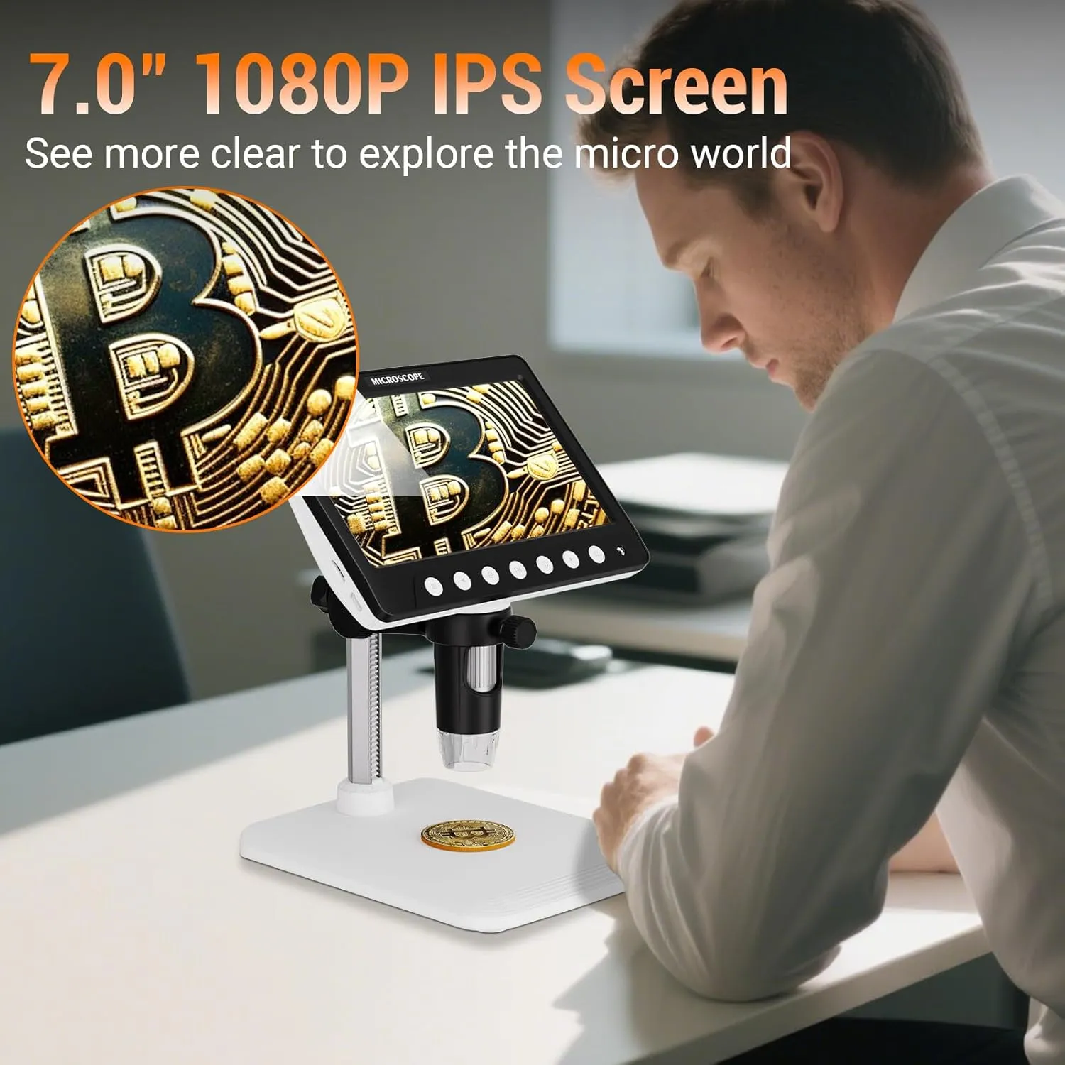 Coin Microscope for Error, 7'' LCD Magnifying Glass with Light, 1200X & 1080P Soldering Microscope, 32GB Coin Magnifier with 8 Adjustable LED Lights, Cool Gadgets Microscopes for Coins, Jewelry