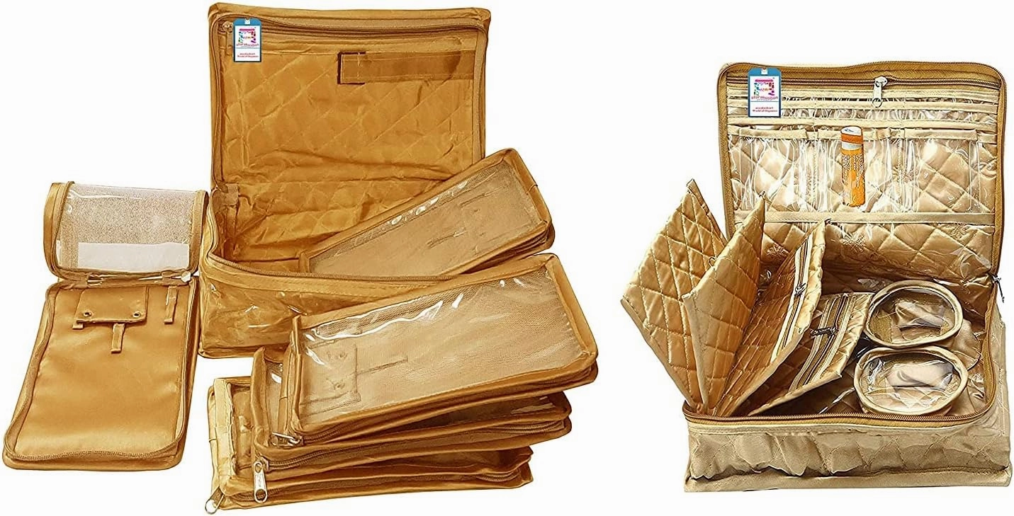 Combo Satin Makeup Pouches Vanity Jewellery Traveling Organizer Storage Box Cosmetic carry it along anywhere easily For Women Golden
