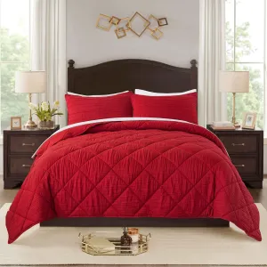 Comforter Set, 3 Pieces Queen Comforter Set with 2 Pillow Shams - Lightweight Farmhouse Creasing Technique Vintage Quilted Design, All Season Down Alternative Comforter Bedding Set, Burgundy