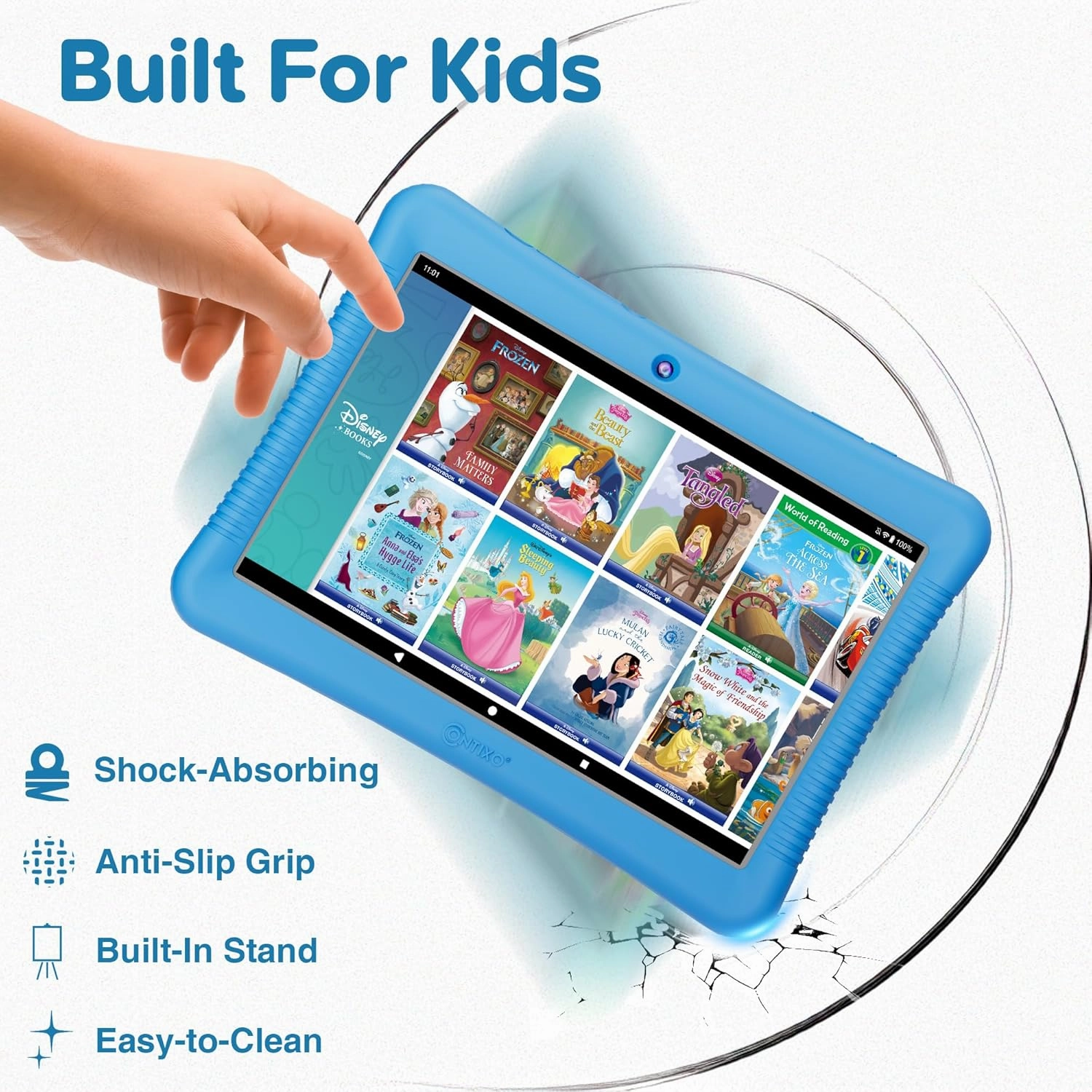 Contixo 10" Android Kids Tablet Bundle - 32GB, 80  Disney Storybooks ($350 Value), Parental Controls, Kid-Proof Case w/Kickstand & Stylus, Headphones & Sleeve Bag - Blue