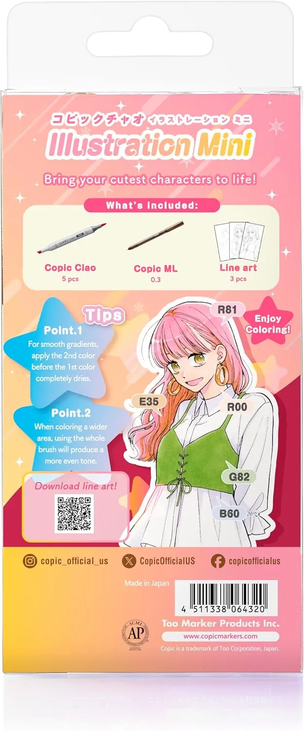 Copic Ciao Illustration Mini Cute Set, 5 Alcohol-markers   1 Multiliner drawing pen