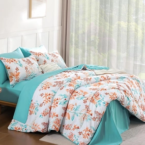 Coral Comforter Set Queen Size-7 Pieces Floral Comforter Bed in A Bag,Botanical Comforter Set with Pillowcases,Soft Microfiber Complete Bedding Sets for All Season