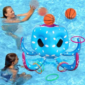 CORPER TOYS 2-in-1 Inflatable Octopus Pool Toys for Kids Basketball Hoop & Ring Toss Game with Pump for Toddler Kids Ages 3-8 Indoor Outdoor Play Summer Toy Gift Playset