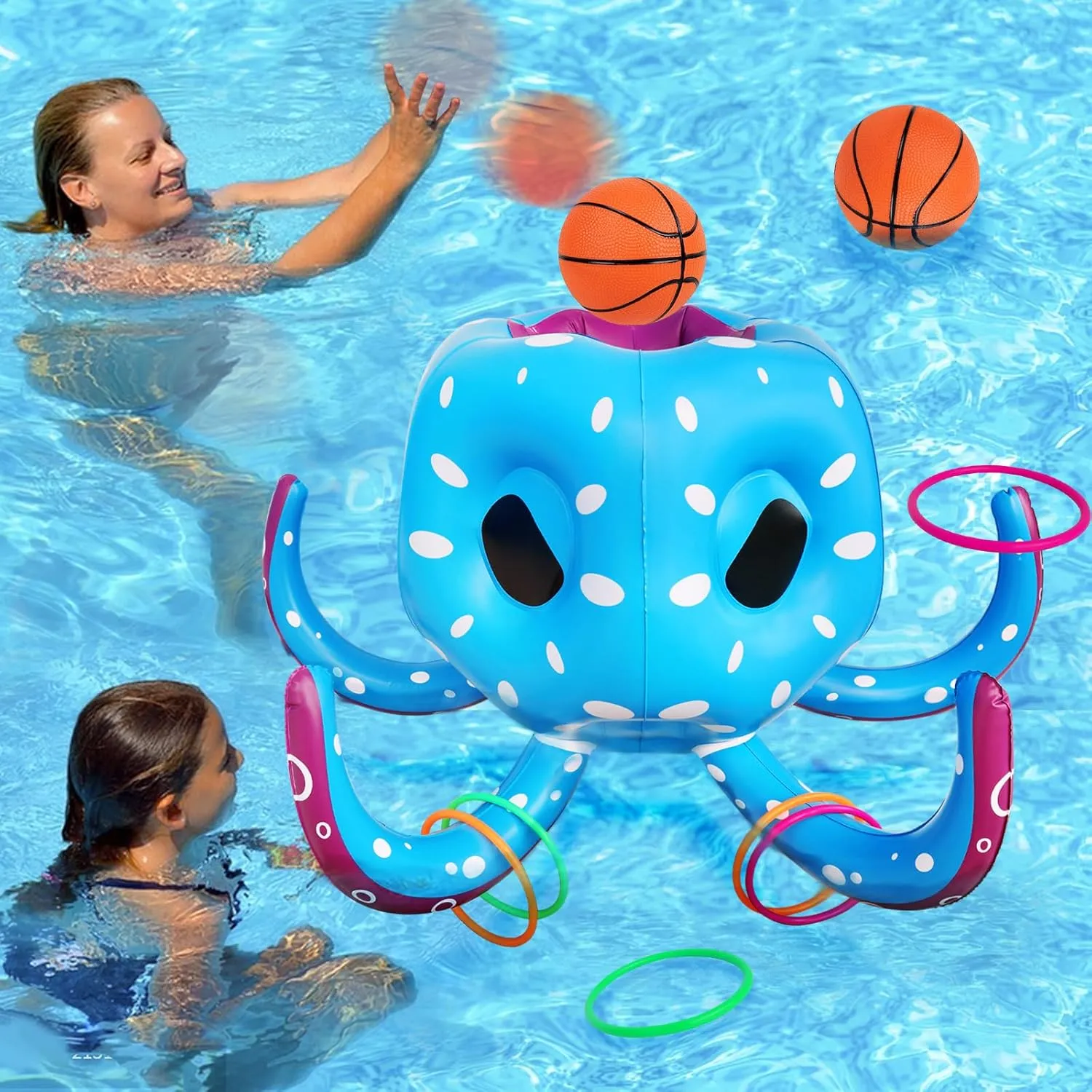 CORPER TOYS 2-in-1 Inflatable Octopus Pool Toys for Kids Basketball Hoop & Ring Toss Game with Pump for Toddler Kids Ages 3-8 Indoor Outdoor Play Summer Toy Gift Playset