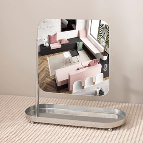 Cosmetic Mirror with Storage Base, 360° Rotating Makeup Mirror, Portable Table Mirror, Single Side Vanity Mirror,Small Standing Mirror for Cosmetic(Size:Square,Color:Silver)