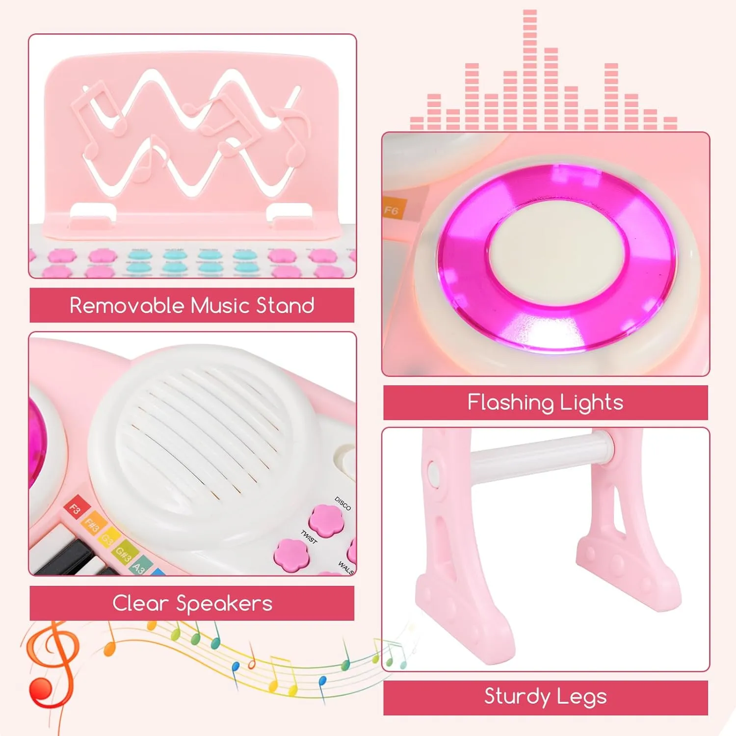 Costzon 37-Key Kids Toy Keyboard Piano with Detachable Legs, Bench, Music Score, Flash Light, Build-in MP3 Songs, Microphone, Record Playback for Boys Girls 18  Months (Pink)