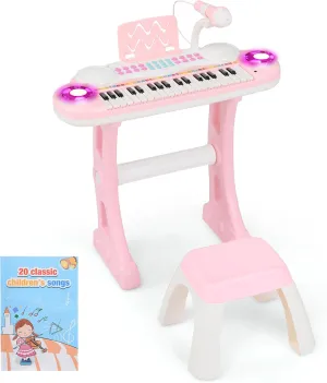 Costzon 37-Key Kids Toy Keyboard Piano with Detachable Legs, Bench, Music Score, Flash Light, Build-in MP3 Songs, Microphone, Record Playback for Boys Girls 18  Months (Pink)