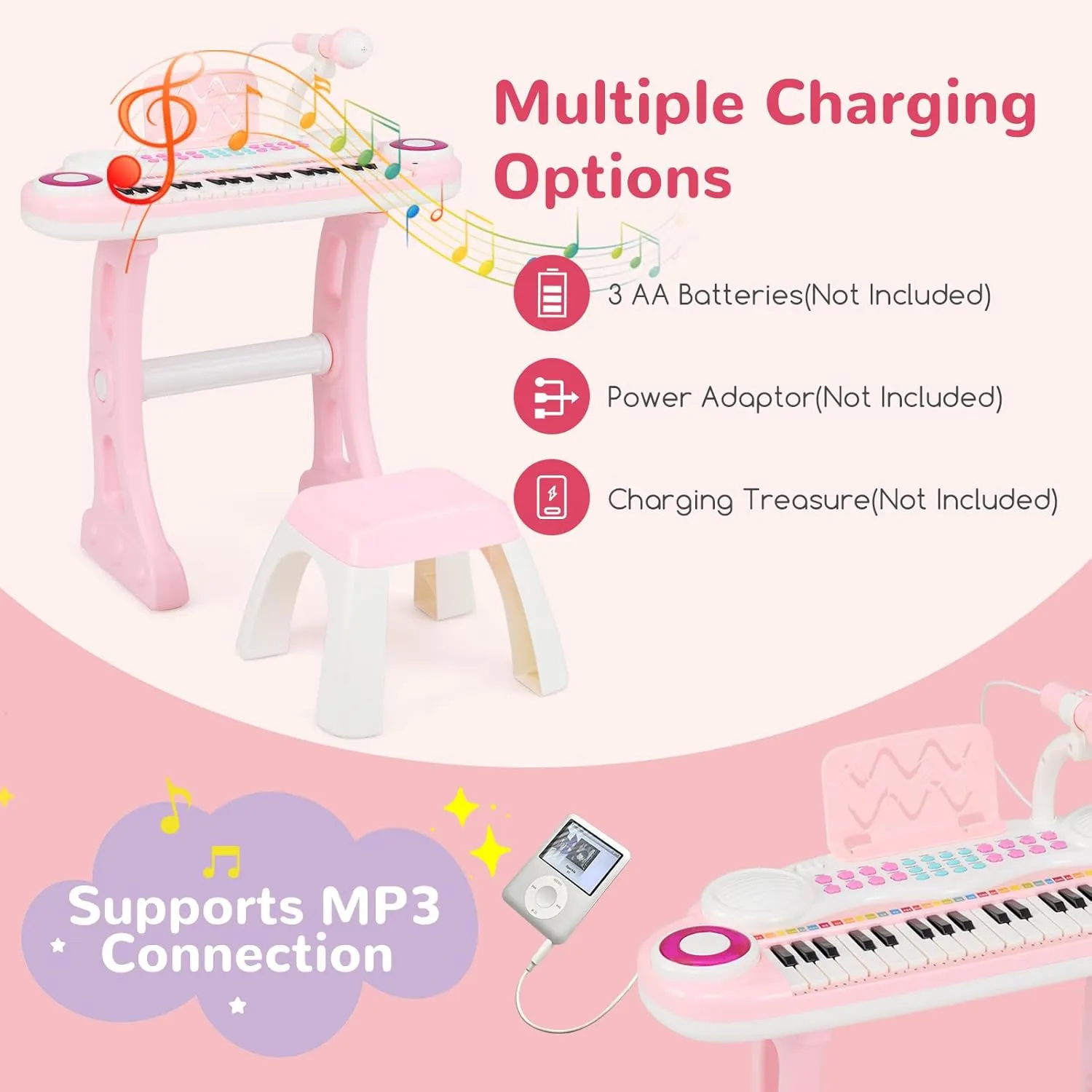 Costzon 37-Key Kids Toy Keyboard Piano with Detachable Legs, Bench, Music Score, Flash Light, Build-in MP3 Songs, Microphone, Record Playback for Boys Girls 18  Months (Pink)