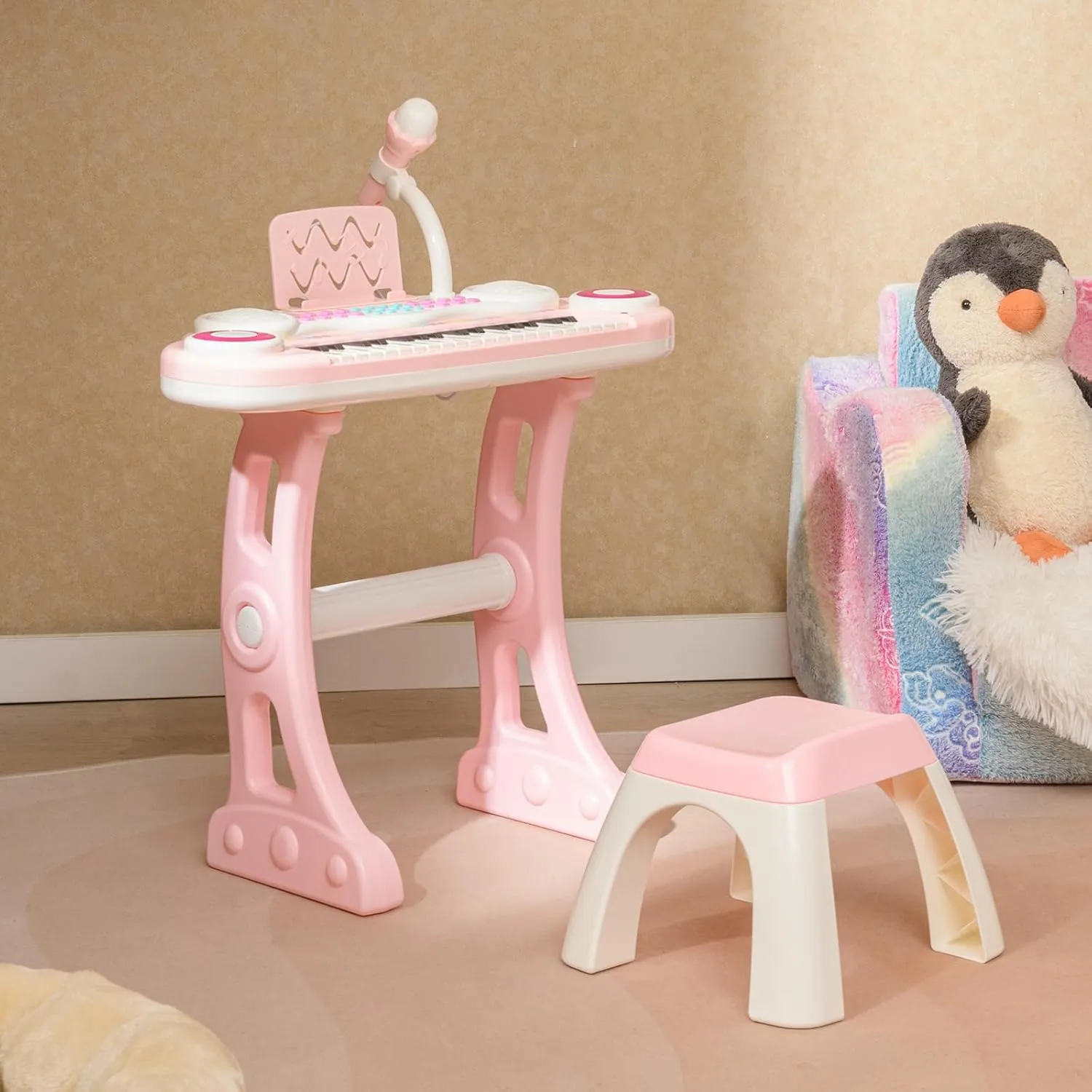 Costzon 37-Key Kids Toy Keyboard Piano with Detachable Legs, Bench, Music Score, Flash Light, Build-in MP3 Songs, Microphone, Record Playback for Boys Girls 18  Months (Pink)
